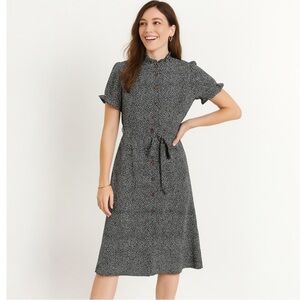 Black & White Polka Dot Dress Size Large Ruffle Neck & Sleeves Button Up & Belt